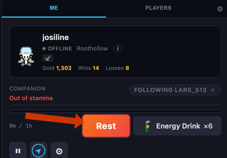 The Me tab showing the Rest button next to the Energy Drink item