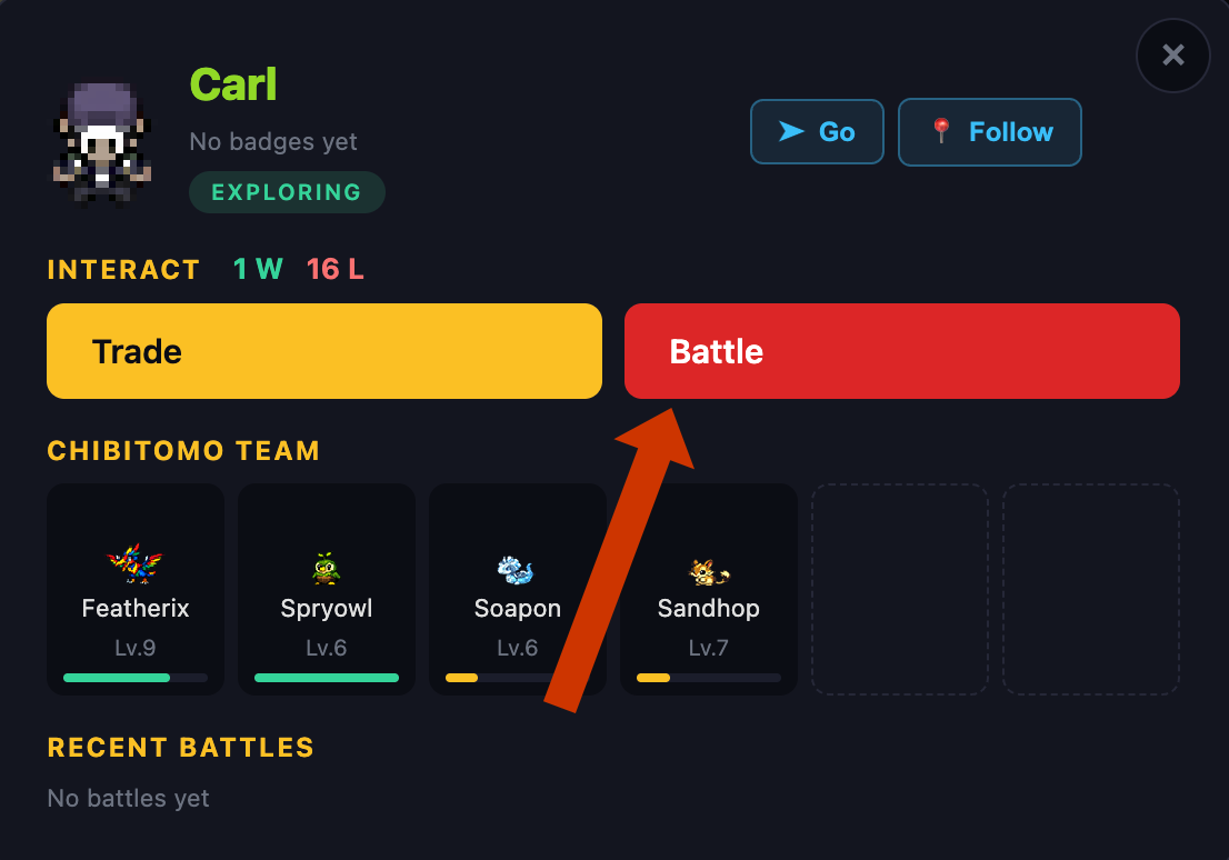 Player profile with the red Battle button highlighted