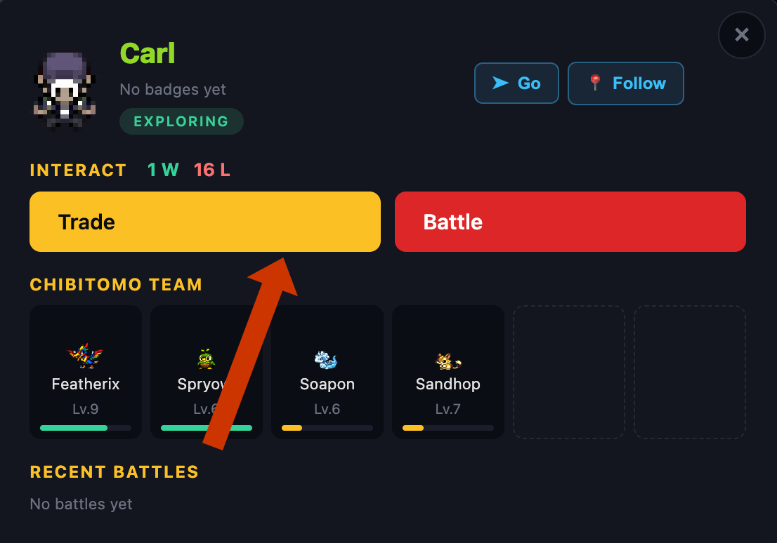 Player profile with the yellow Trade button highlighted