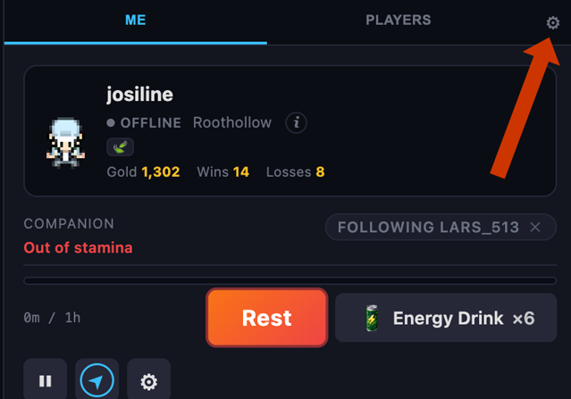 Gear icon highlighted in the top-right corner of the Me tab