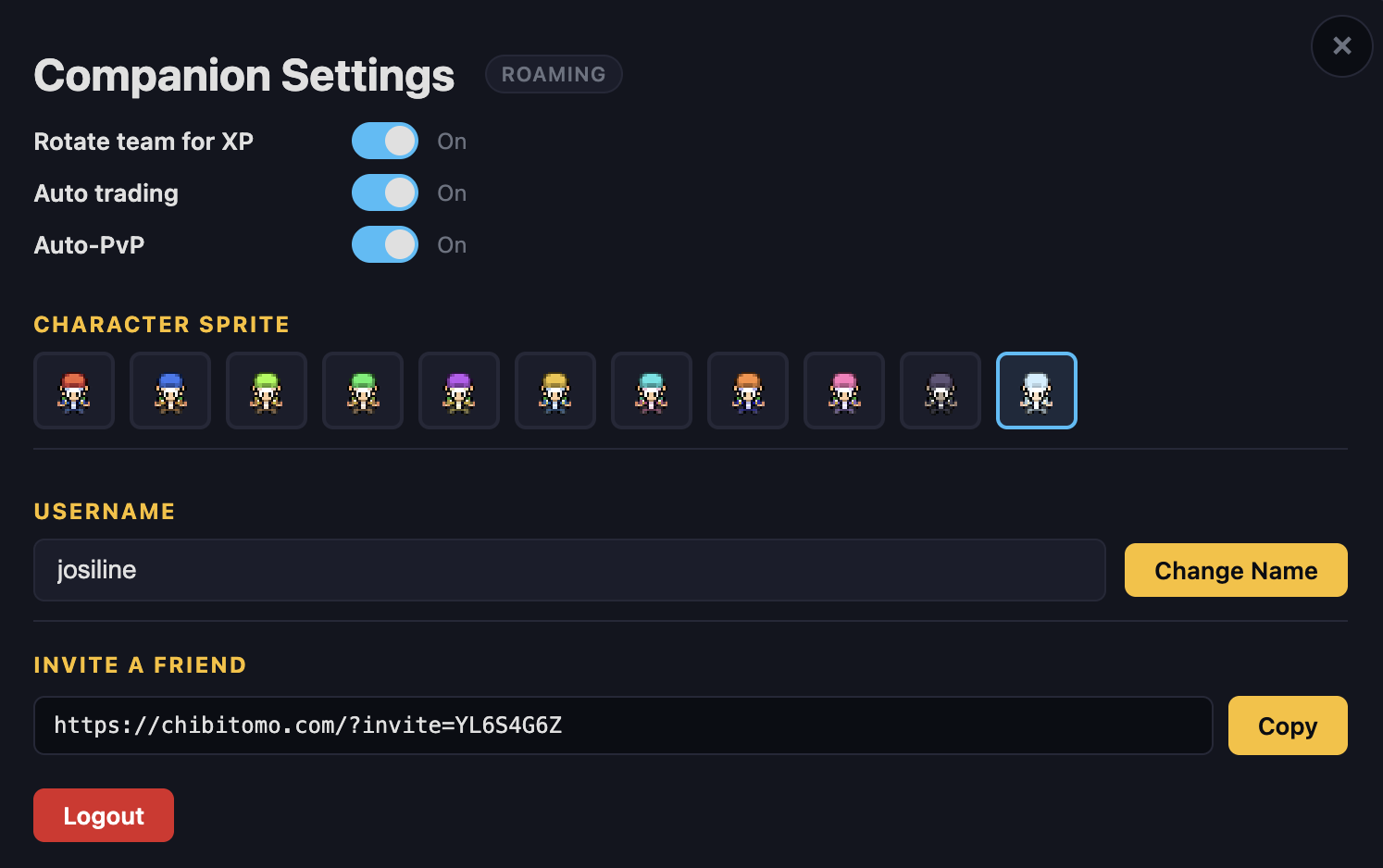 Companion Settings panel with Rotate team for XP, Auto trading, and Auto-PvP toggles