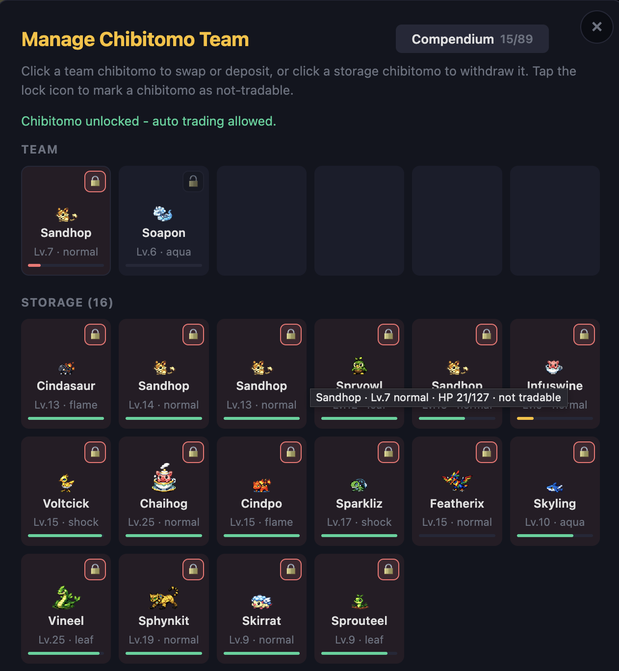 Manage Chibitomo Team panel showing locked and unlocked chibitomo in storage