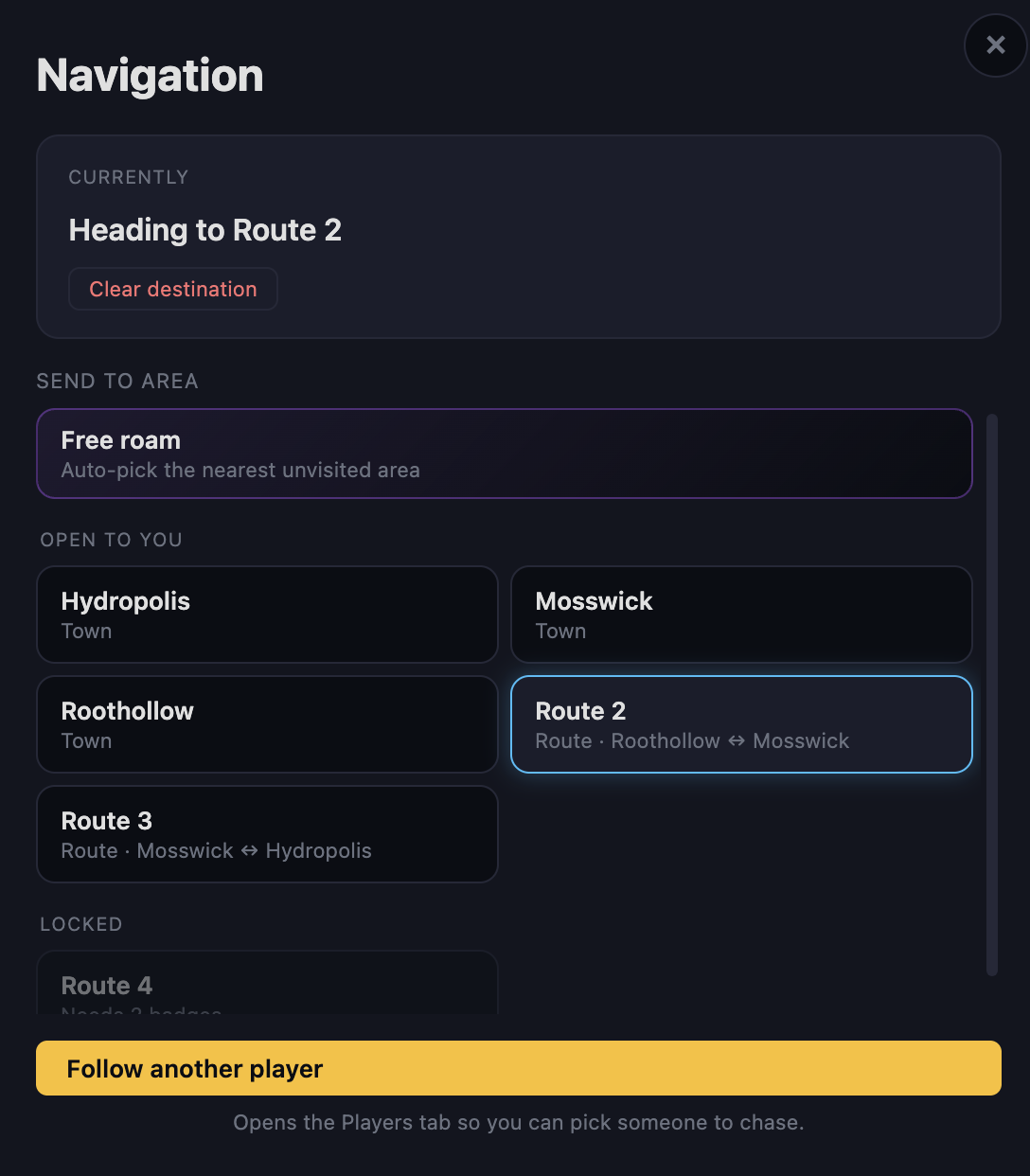 Navigation panel listing open and locked areas with a Follow another player button